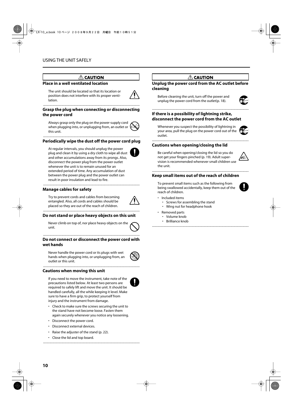 10 using the unit safely | Roland LX-10 User Manual | Page 10 / 120