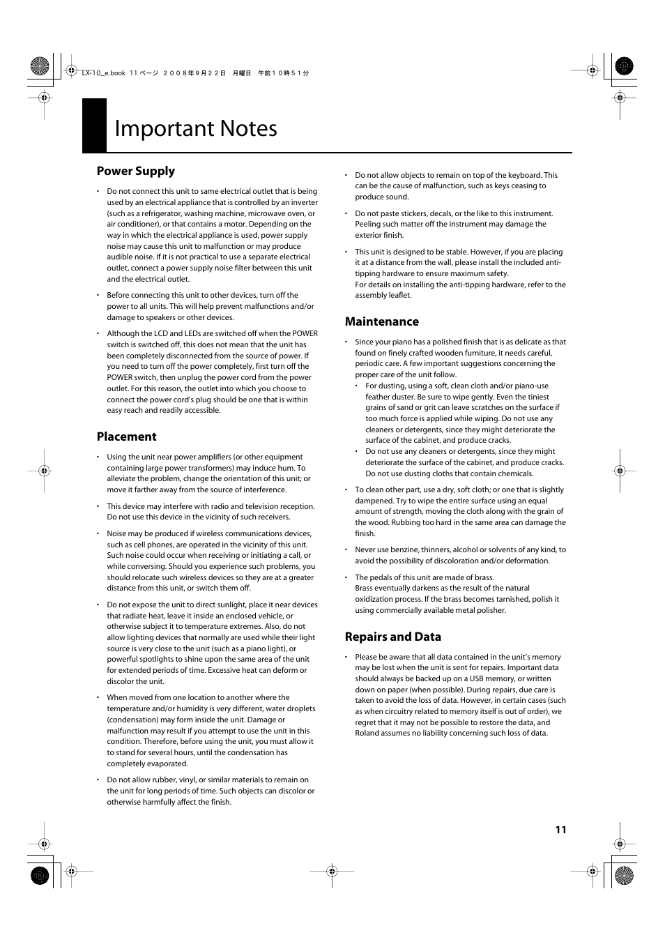Important notes, Power supply, Placement | Maintenance, Repairs and data | Roland LX-10 User Manual | Page 11 / 120