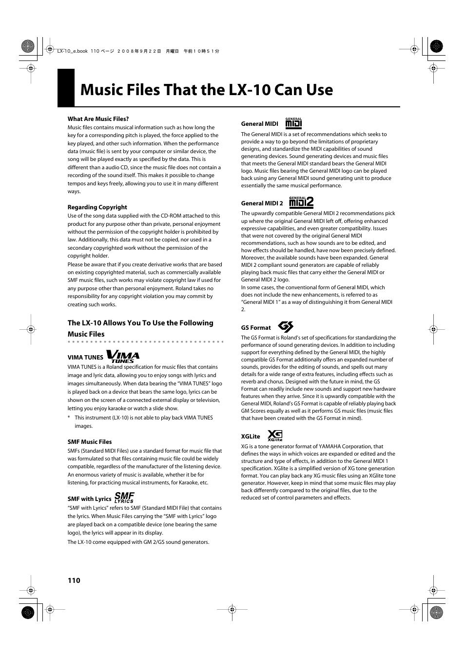 Music files that the lx-10 can use, Music files that the lx-10 can use 110 | Roland LX-10 User Manual | Page 110 / 120