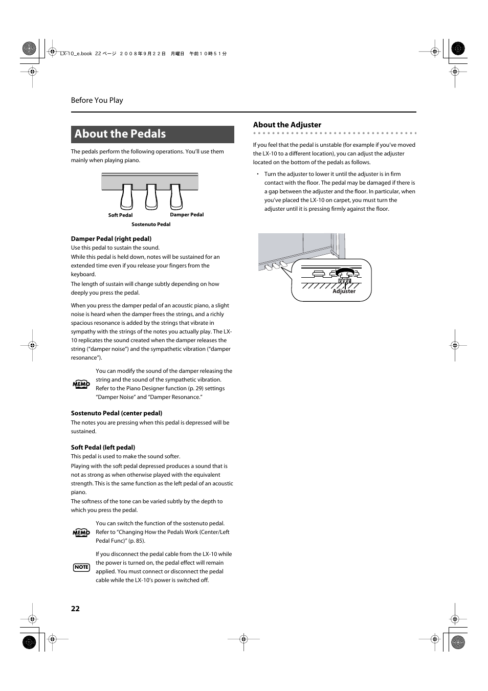 About the pedals | Roland LX-10 User Manual | Page 22 / 120