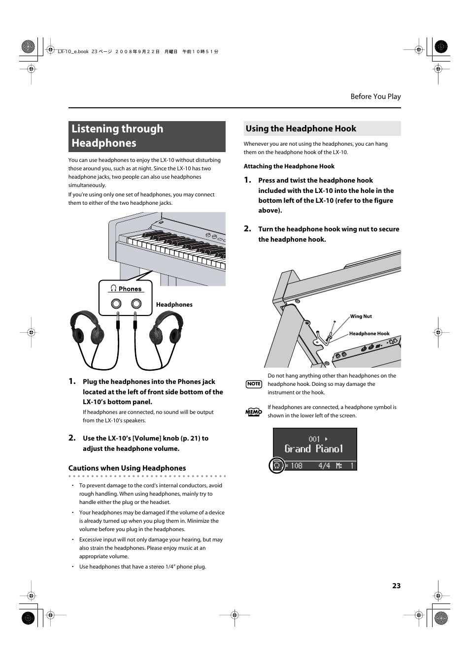 Listening through headphones, Using the headphone hook, Headphone volume (p. 23) | You use two sets of headphones simultaneously (p | Roland LX-10 User Manual | Page 23 / 120