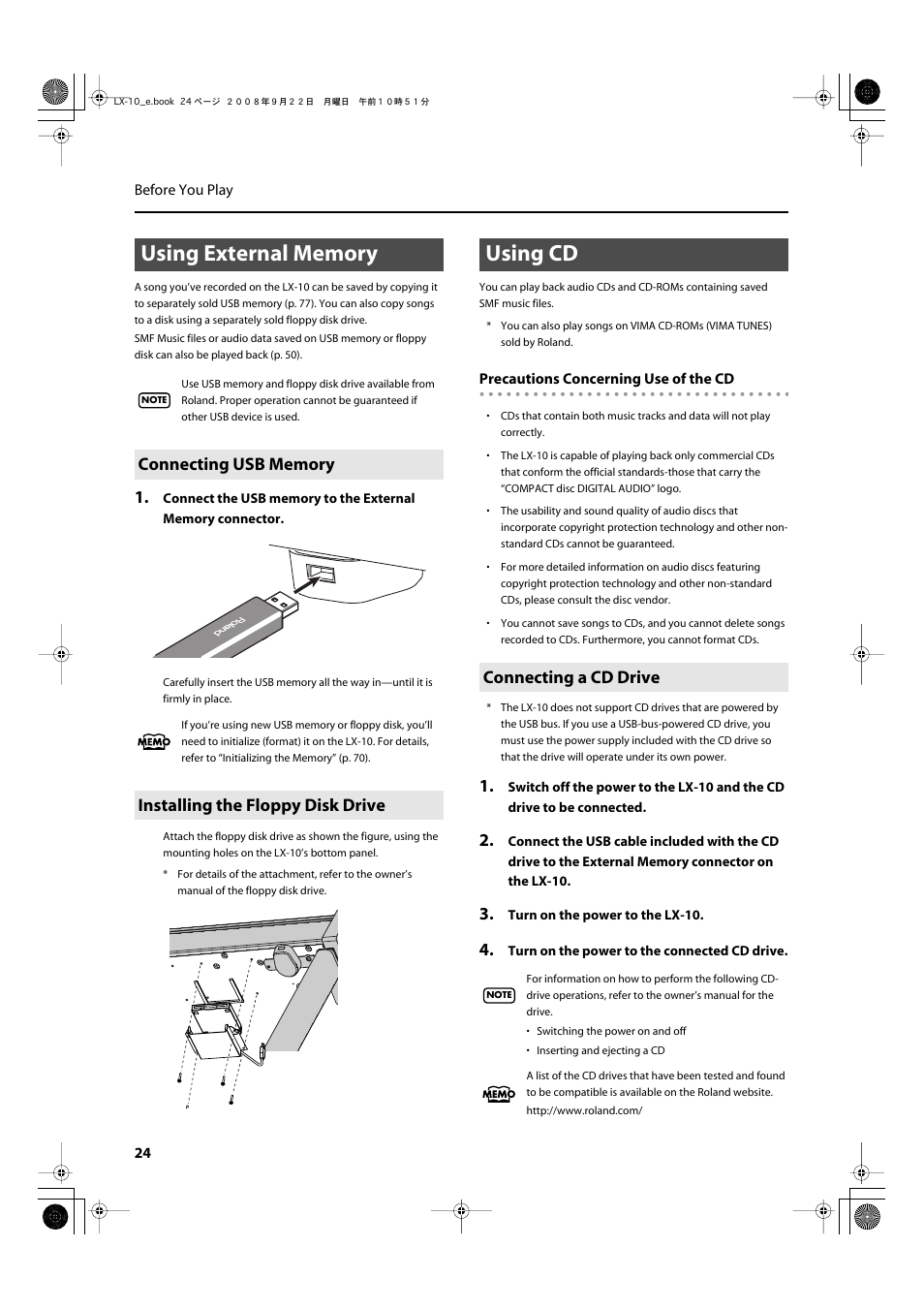 Using external memory, Connecting usb memory, Installing the floppy disk drive | Using cd, Connecting a cd drive | Roland LX-10 User Manual | Page 24 / 120