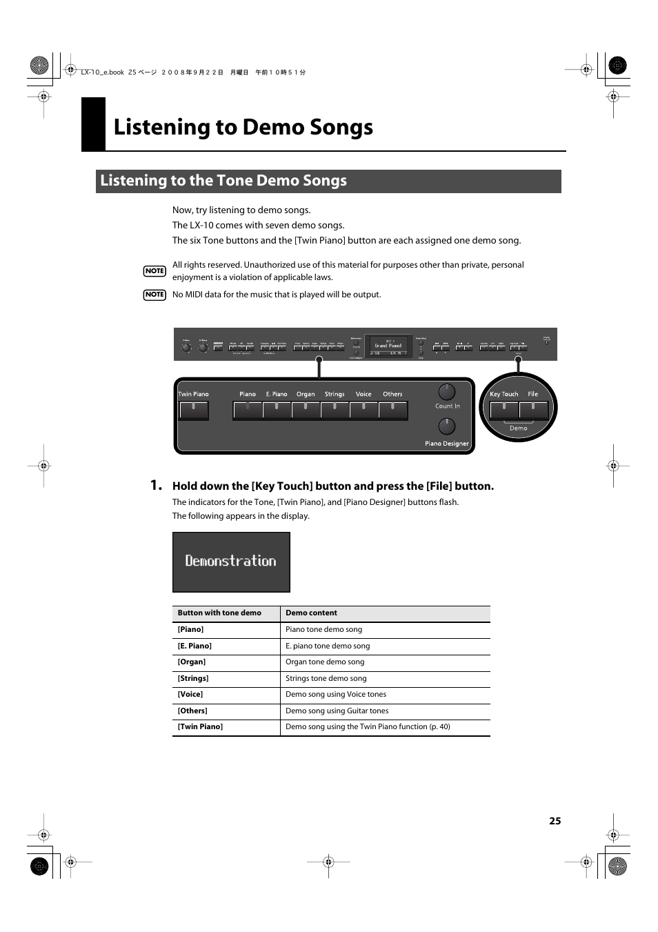 Listening to demo songs, Listening to the tone demo songs, This button and pressing the [file] button (p. 25) | Roland LX-10 User Manual | Page 25 / 120