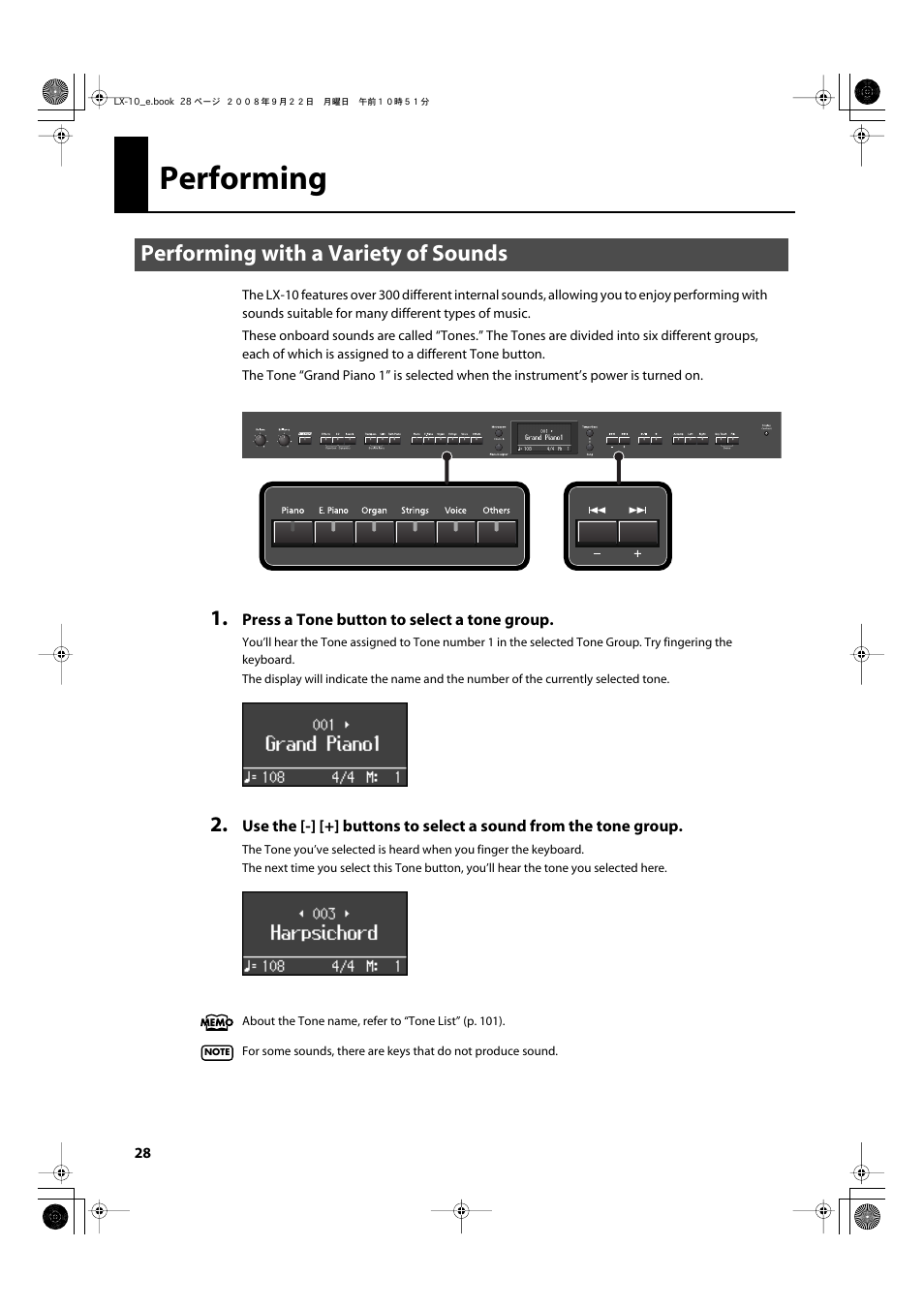 Performing, Performing with a variety of sounds, Play the keyboard (p. 28) | You’re playing on the keyboard (p. 28) | Roland LX-10 User Manual | Page 28 / 120