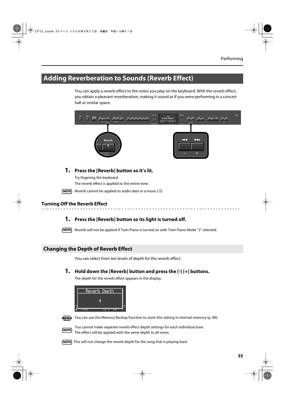 Adding reverberation to sounds (reverb effect), Changing the depth of reverb effect, When performing in a concert hall (p. 35) | Roland LX-10 User Manual | Page 35 / 120