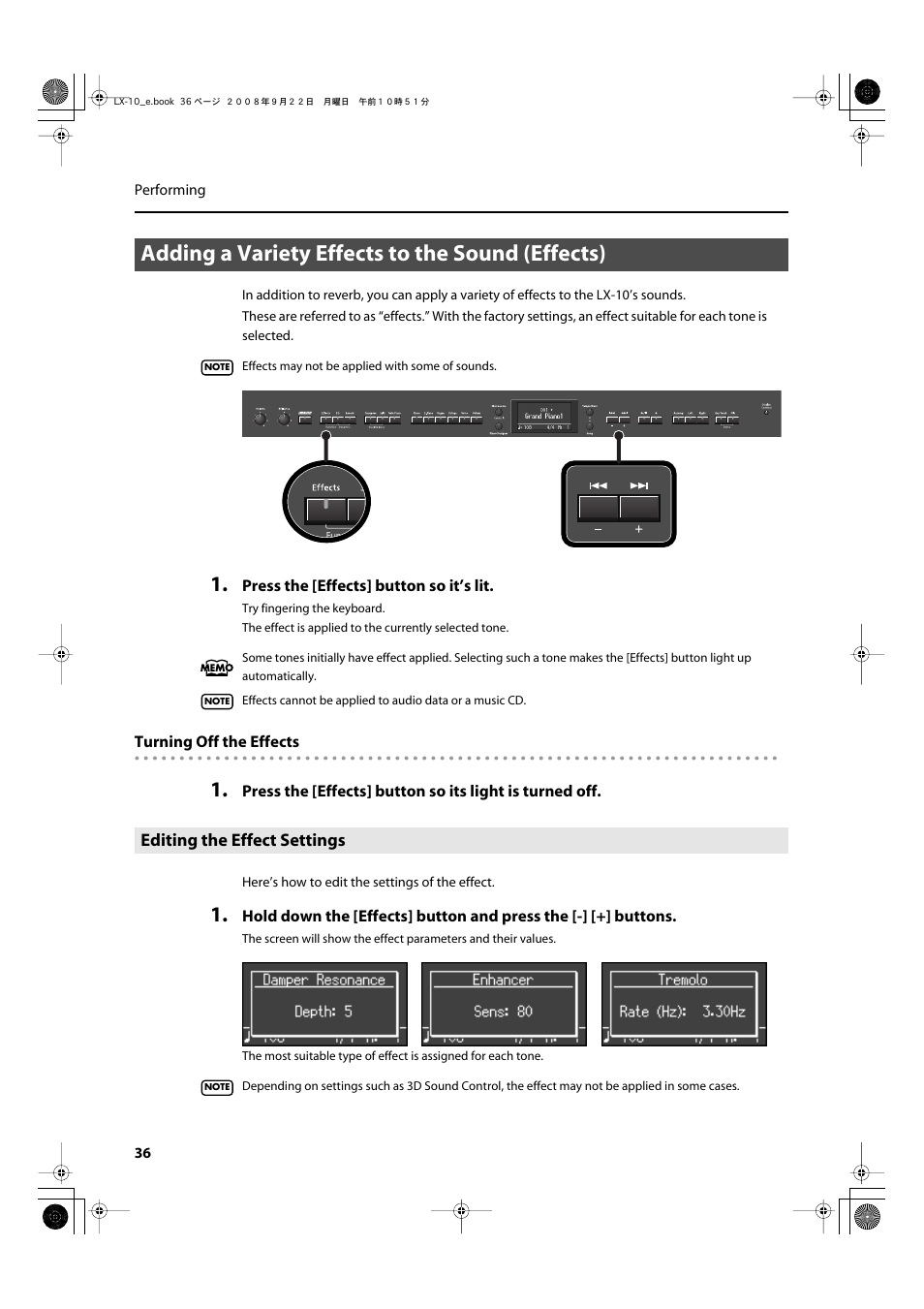 Adding a variety effects to the sound (effects), Editing the effect settings | Roland LX-10 User Manual | Page 36 / 120