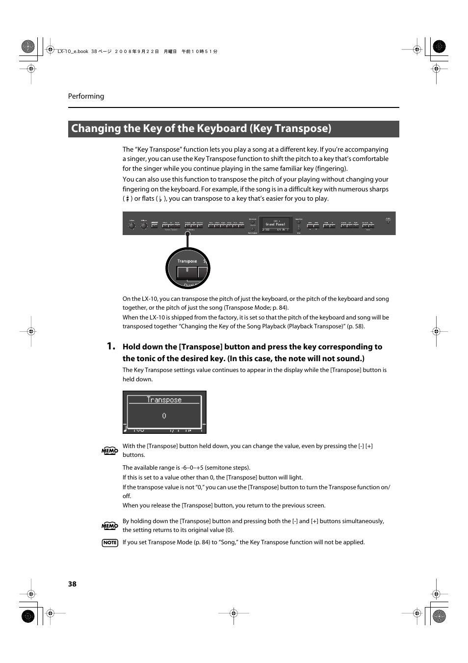 Changing the key of the keyboard (key transpose), Transposes the keyboard and/or song (p. 38) | Roland LX-10 User Manual | Page 38 / 120