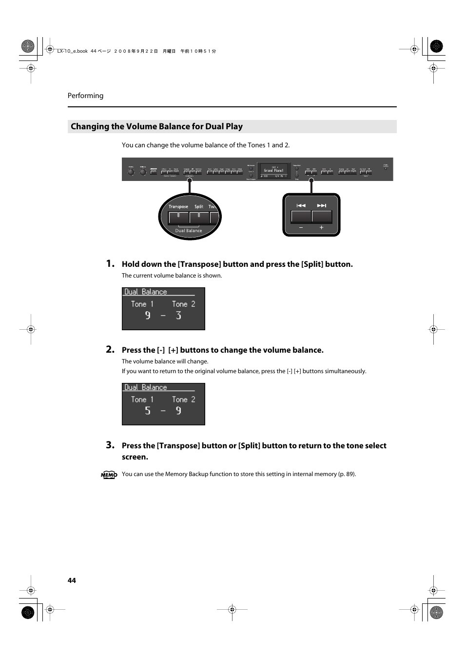 Changing the volume balance for dual play, The two sounds when using dual play (p. 44) | Roland LX-10 User Manual | Page 44 / 120