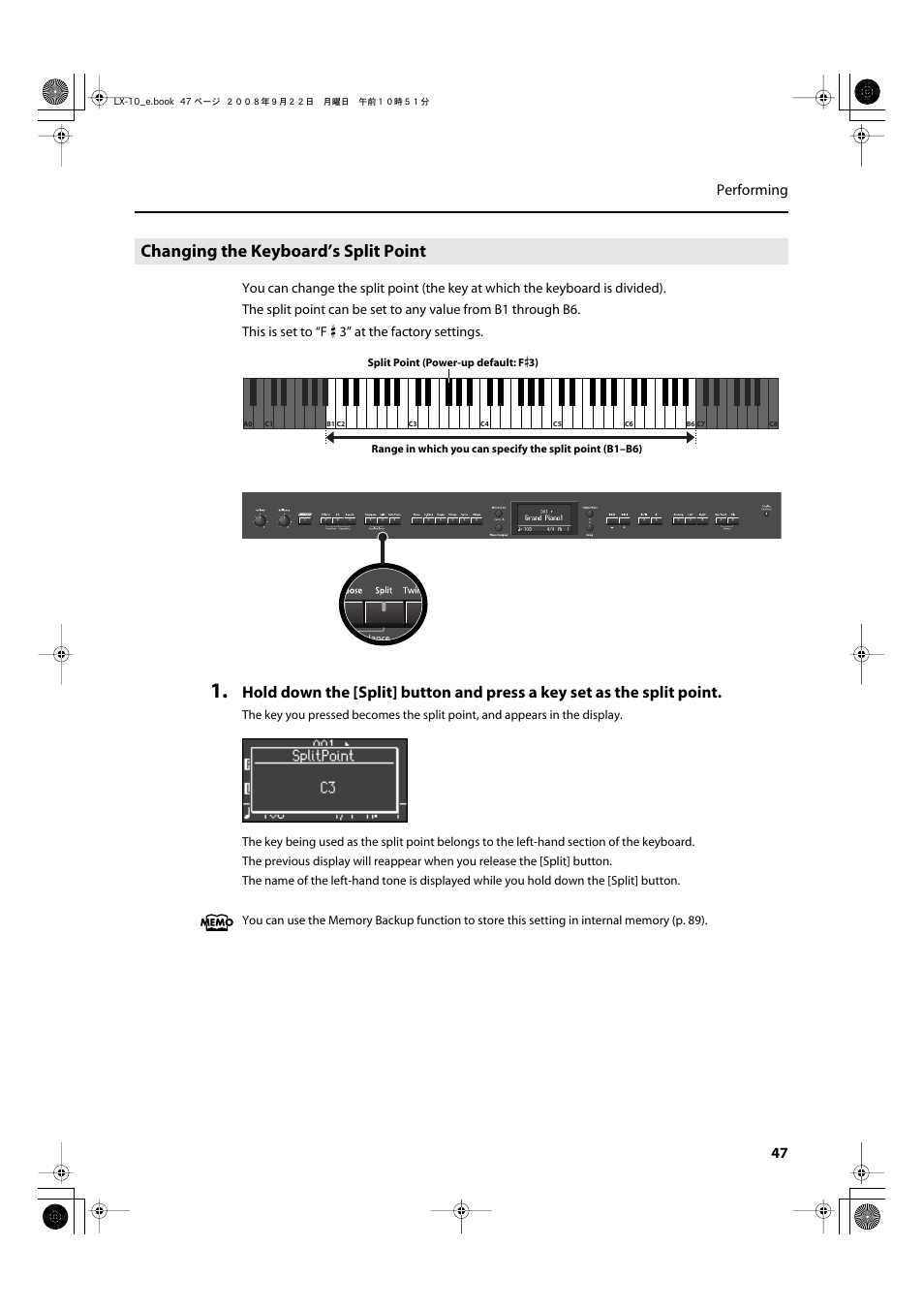 Changing the keyboard’s split point, 47 performing | Roland LX-10 User Manual | Page 47 / 120