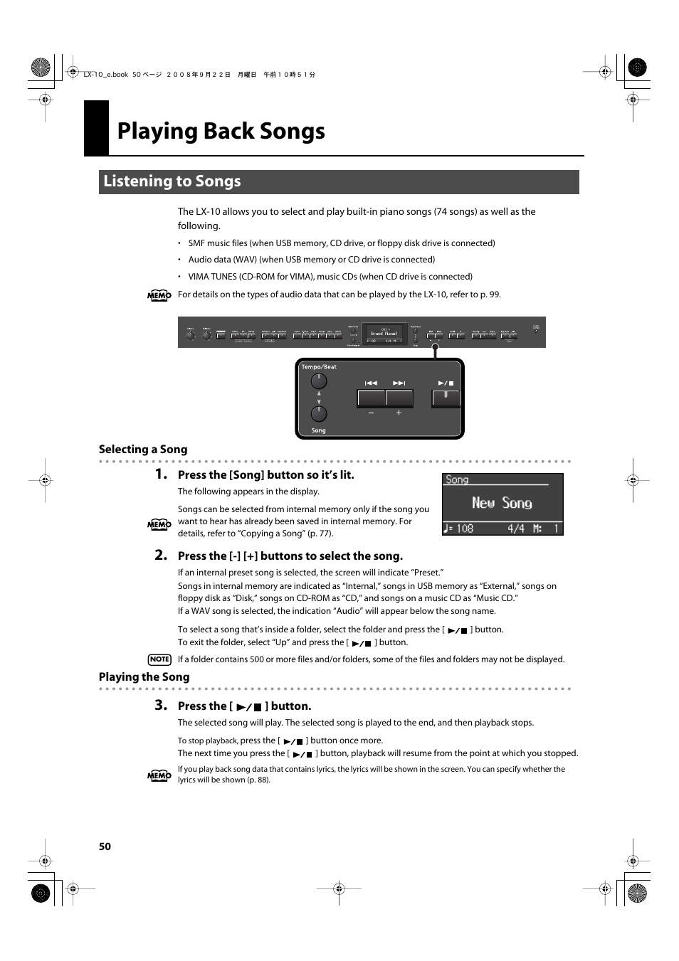 Playing back songs, Listening to songs, This lets you select the song to play back (p. 50) | While the song select screen is displayed (p. 50), Or a song you’ve recorded (p. 50) | Roland LX-10 User Manual | Page 50 / 120