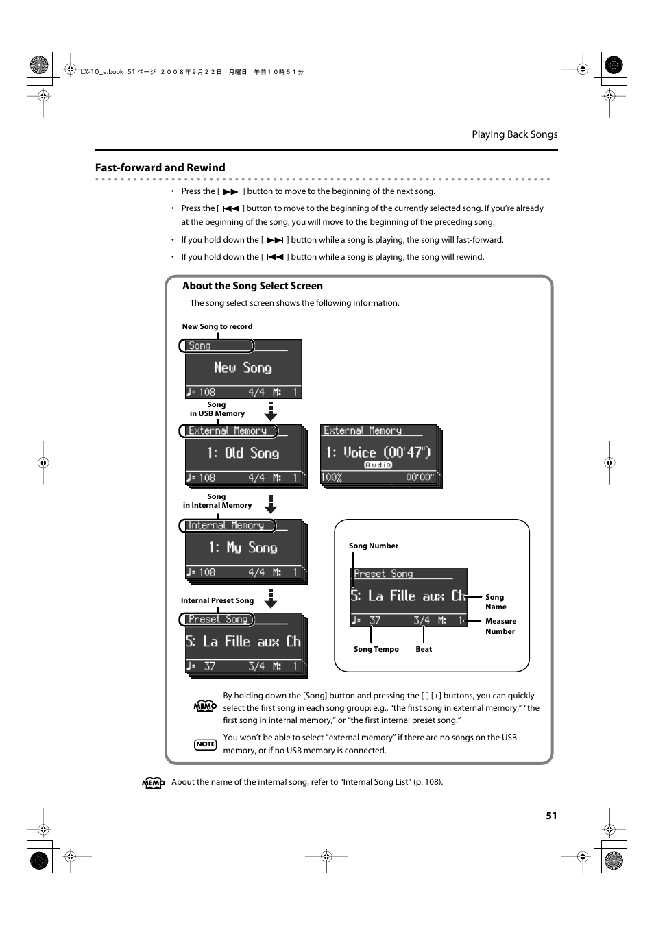 The song will be rewound (p. 51), The song will be fast-forwarded (p. 51), Fast-forward and rewind | Roland LX-10 User Manual | Page 51 / 120