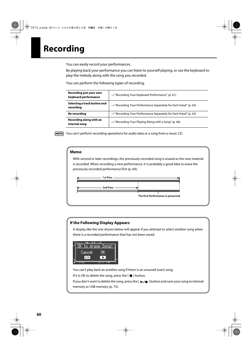 Recording, Performance (p. 60), Lx-10 (p. 60) | Roland LX-10 User Manual | Page 60 / 120