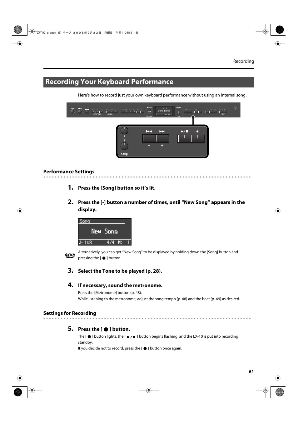 Recording your keyboard performance, Recording your keyboard performance” (p. 61) | Roland LX-10 User Manual | Page 61 / 120