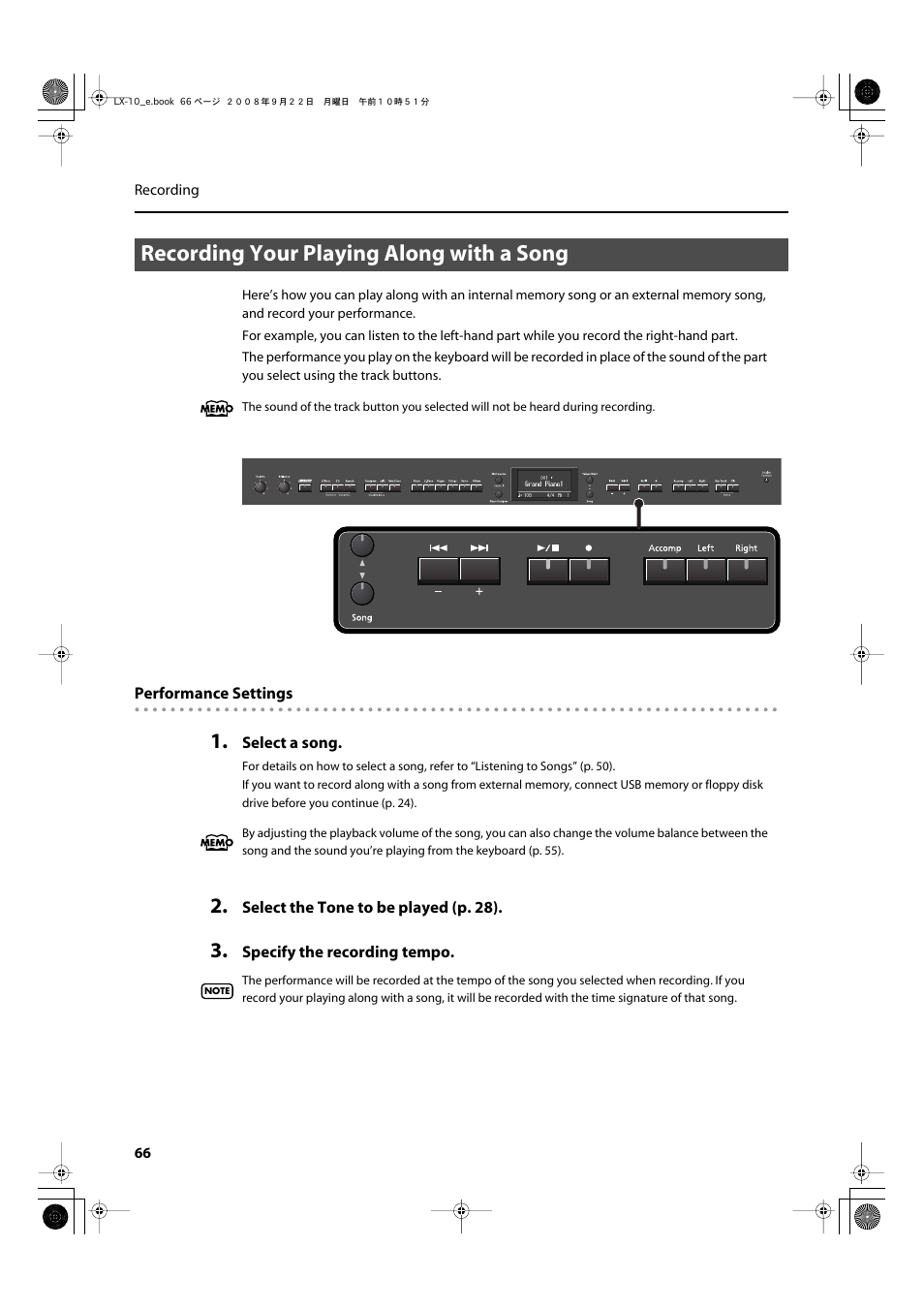 Recording your playing along with a song, Recording your playing along with a song” (p. 66) | Roland LX-10 User Manual | Page 66 / 120