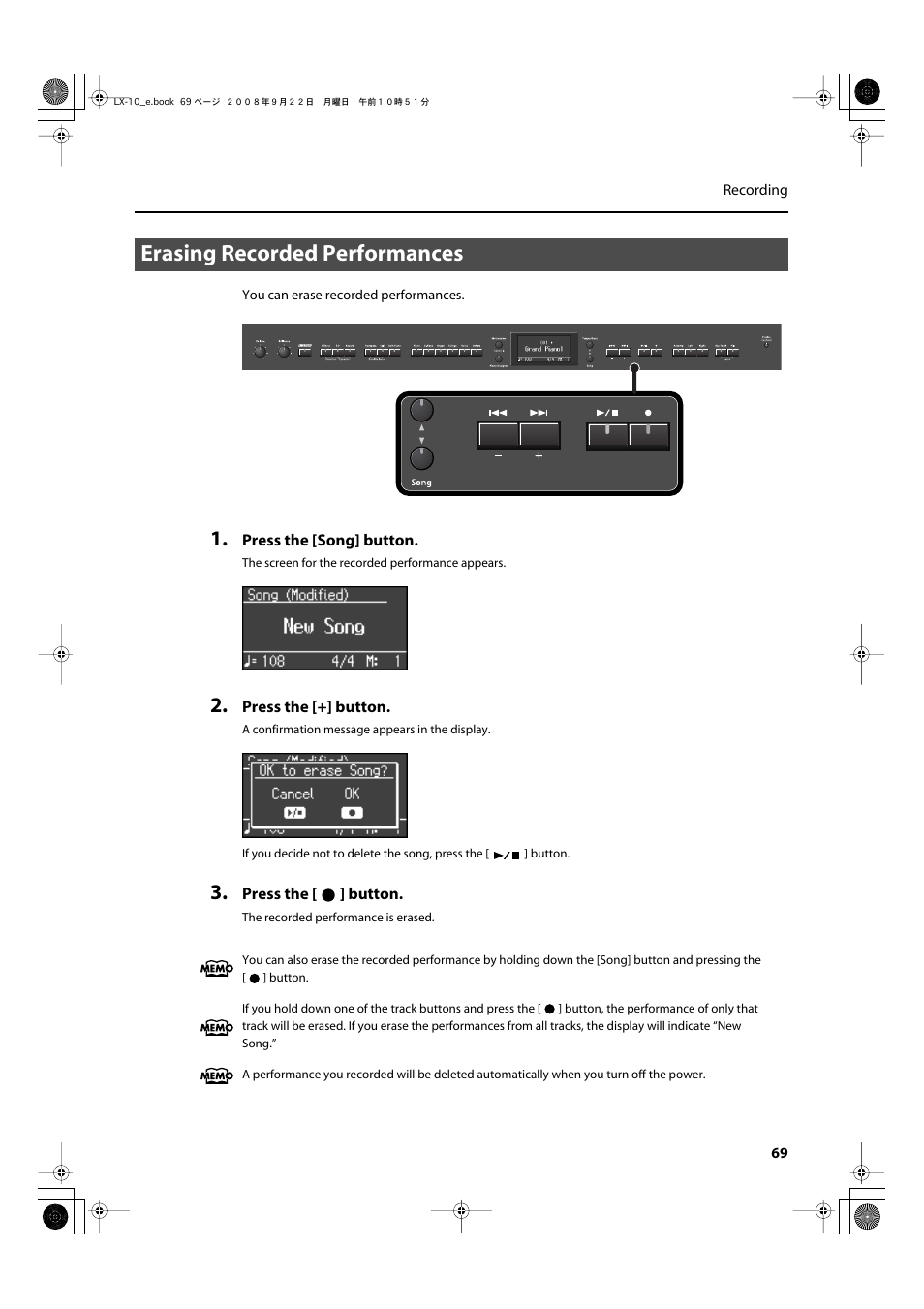 Erasing recorded performances, Previously recorded performance first (p. 69) | Roland LX-10 User Manual | Page 69 / 120