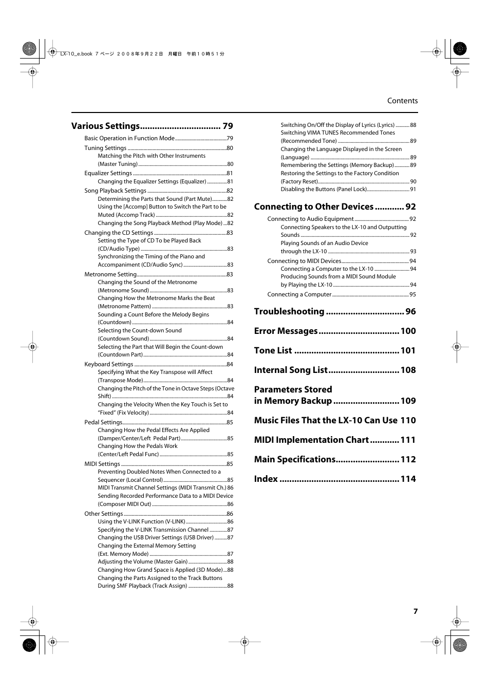 Various settings, Connecting to other devices | Roland LX-10 User Manual | Page 7 / 120
