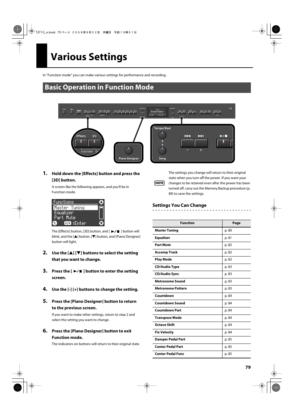 Various settings, Basic operation in function mode, P. 79) | Roland LX-10 User Manual | Page 79 / 120