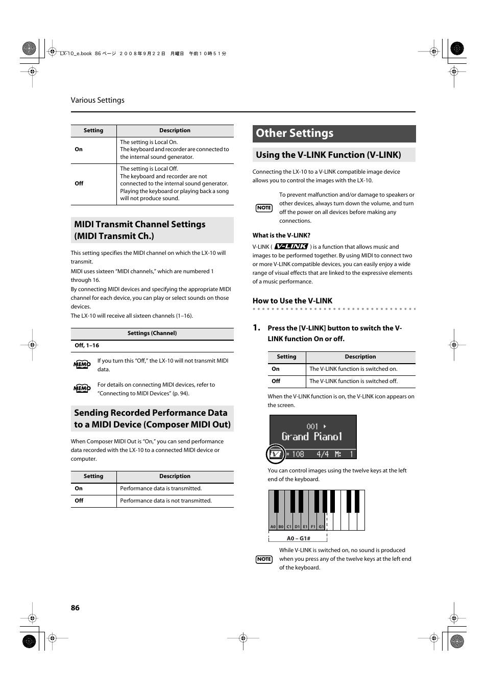 Midi transmit channel settings (midi transmit ch.), Other settings, Using the v-link function (v-link) | Turns v-link on/off (p. 86), P. 86 | Roland LX-10 User Manual | Page 86 / 120