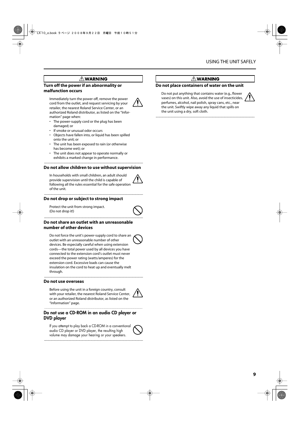 9 using the unit safely | Roland LX-10 User Manual | Page 9 / 120