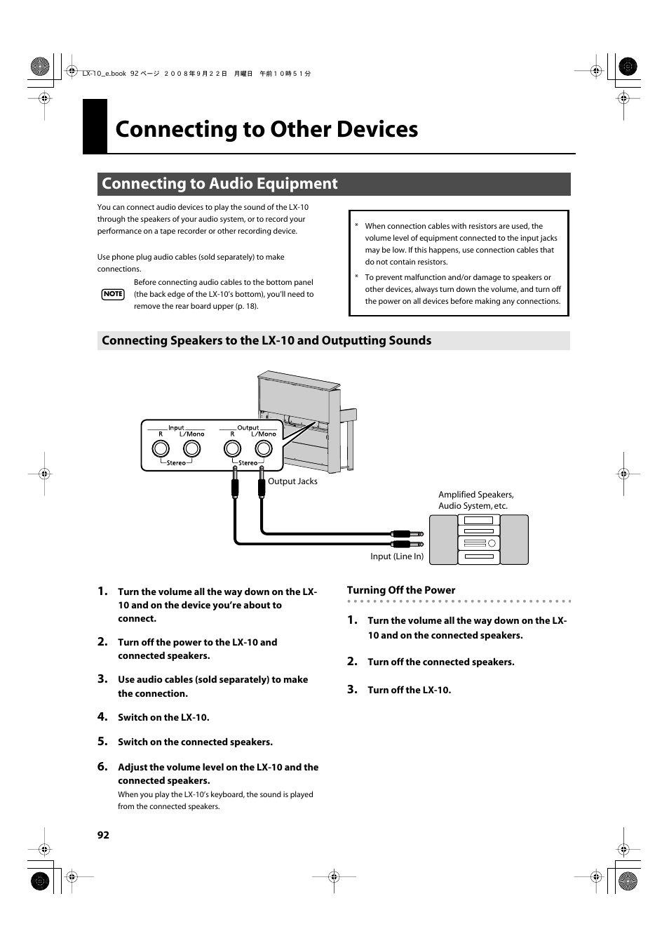 Connecting to other devices, Connecting to audio equipment, Sound (p. 92) | Roland LX-10 User Manual | Page 92 / 120