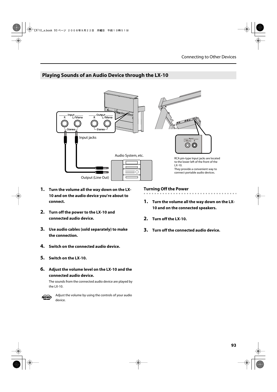 Connected device through the lx-10’s speakers (p | Roland LX-10 User Manual | Page 93 / 120