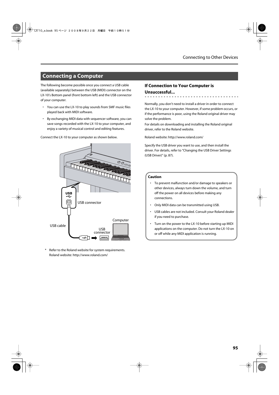 Connecting a computer, Transferring performance data (p. 95) | Roland LX-10 User Manual | Page 95 / 120