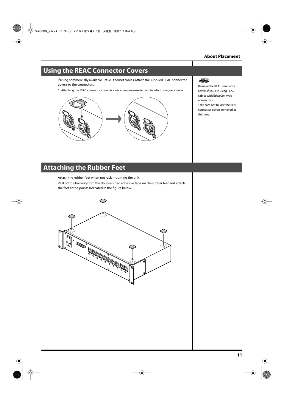 Using the reac connector covers, Attaching the rubber feet | Roland DIGITAL SNAKE S-4000D User Manual | Page 11 / 17