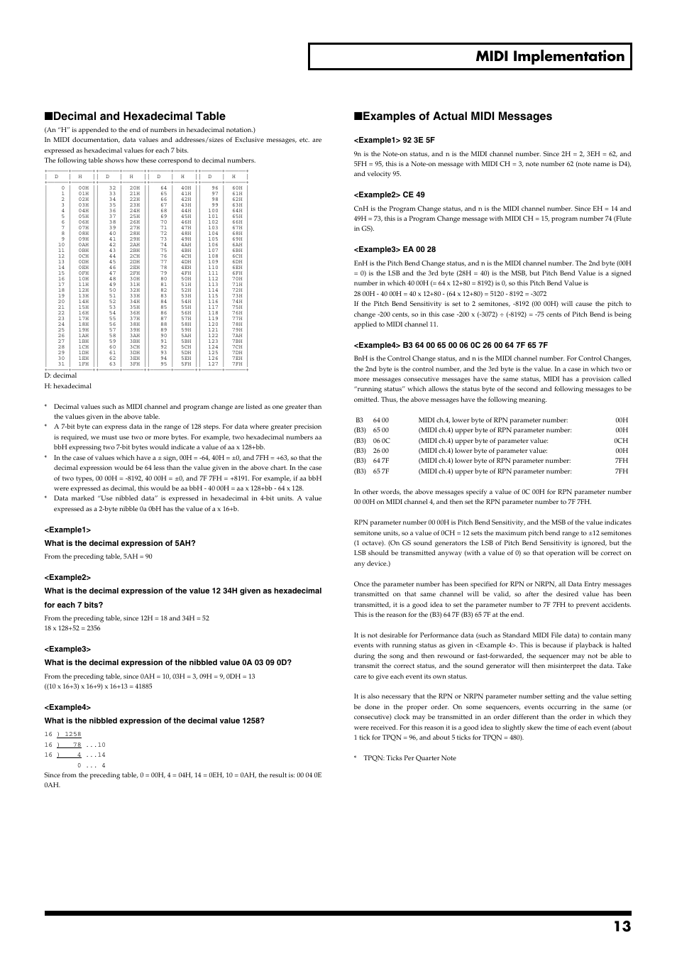 13 midi implementation, Decimal and hexadecimal table, Examples of actual midi messages | Roland RD-700GX User Manual | Page 13 / 14