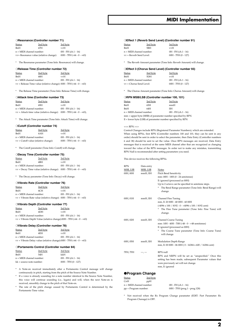 2 midi implementation, Program change | Roland RD-700GX User Manual | Page 2 / 14