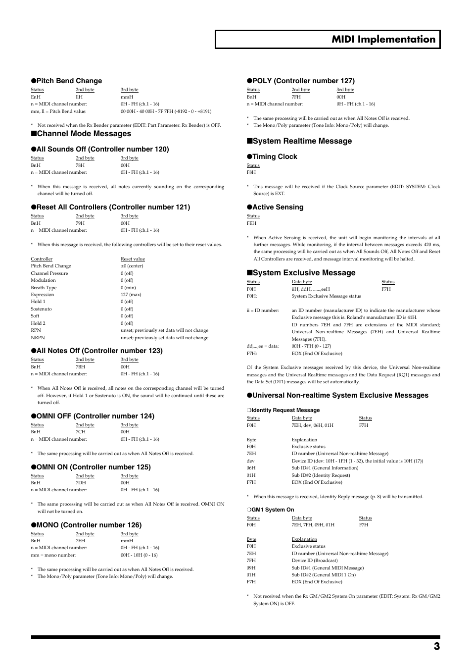 3 midi implementation, Channel mode messages, System realtime message | System exclusive message, Pitch bend change, All sounds off (controller number 120), Reset all controllers (controller number 121), Omni off (controller number 124), Omni on (controller number 125), Mono (controller number 126) | Roland RD-700GX User Manual | Page 3 / 14