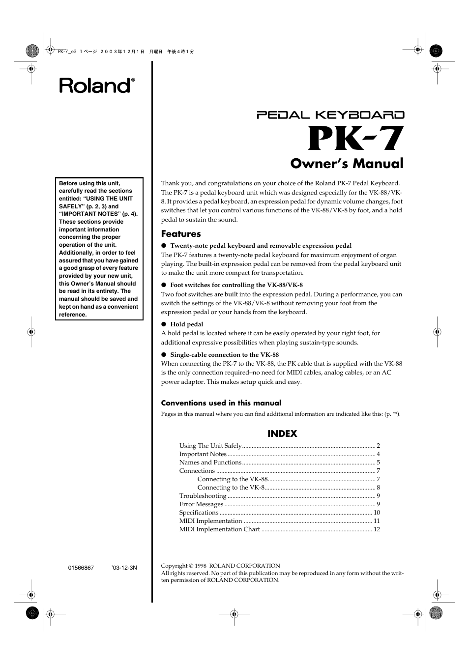 Roland PK-7 User Manual | 14 pages