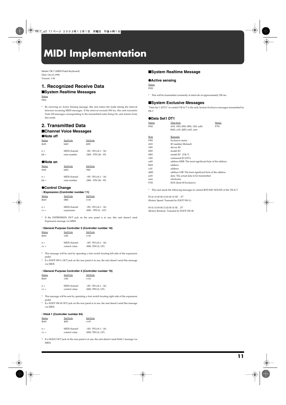Midi implementation, Recognized receive data, Transmitted data | System realtime messages, Channel voice messages, System realtime message, System exclusive messages | Roland PK-7 User Manual | Page 11 / 14