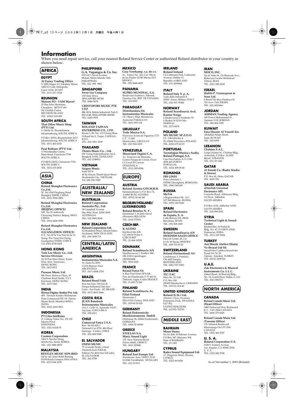 Information, Africa | Roland PK-7 User Manual | Page 13 / 14