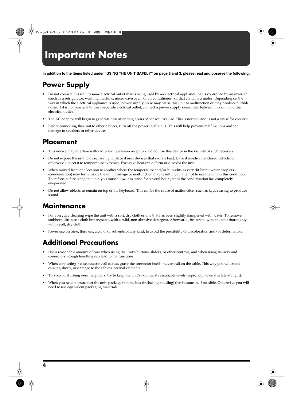 Important notes, Power supply, Placement | Maintenance, Additional precautions | Roland PK-7 User Manual | Page 4 / 14