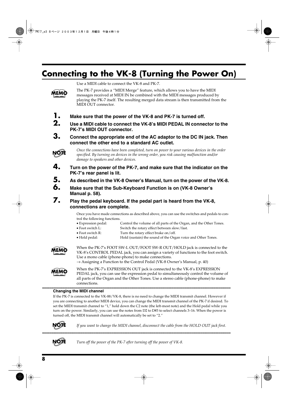 Connecting to the vk-8 (turning the power on) | Roland PK-7 User Manual | Page 8 / 14