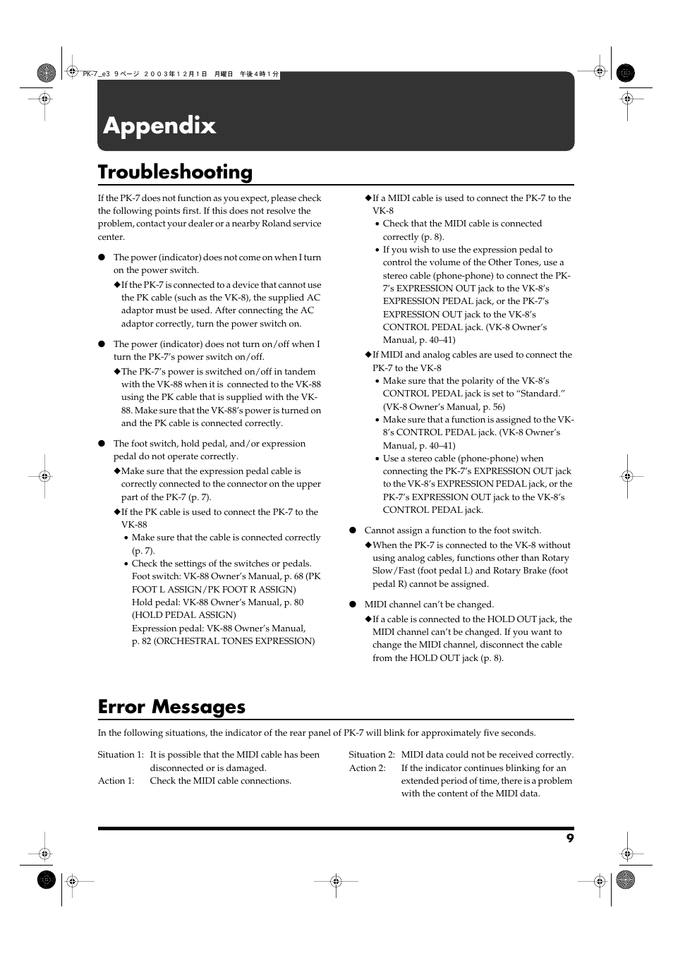 Appendix, Troubleshooting, Error messages | Roland PK-7 User Manual | Page 9 / 14