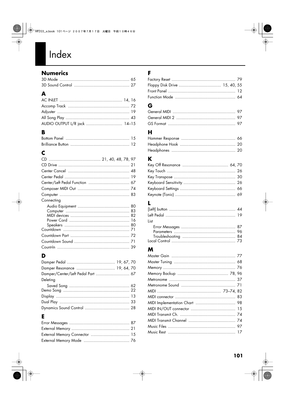 Index | Roland HP203 User Manual | Page 103 / 108