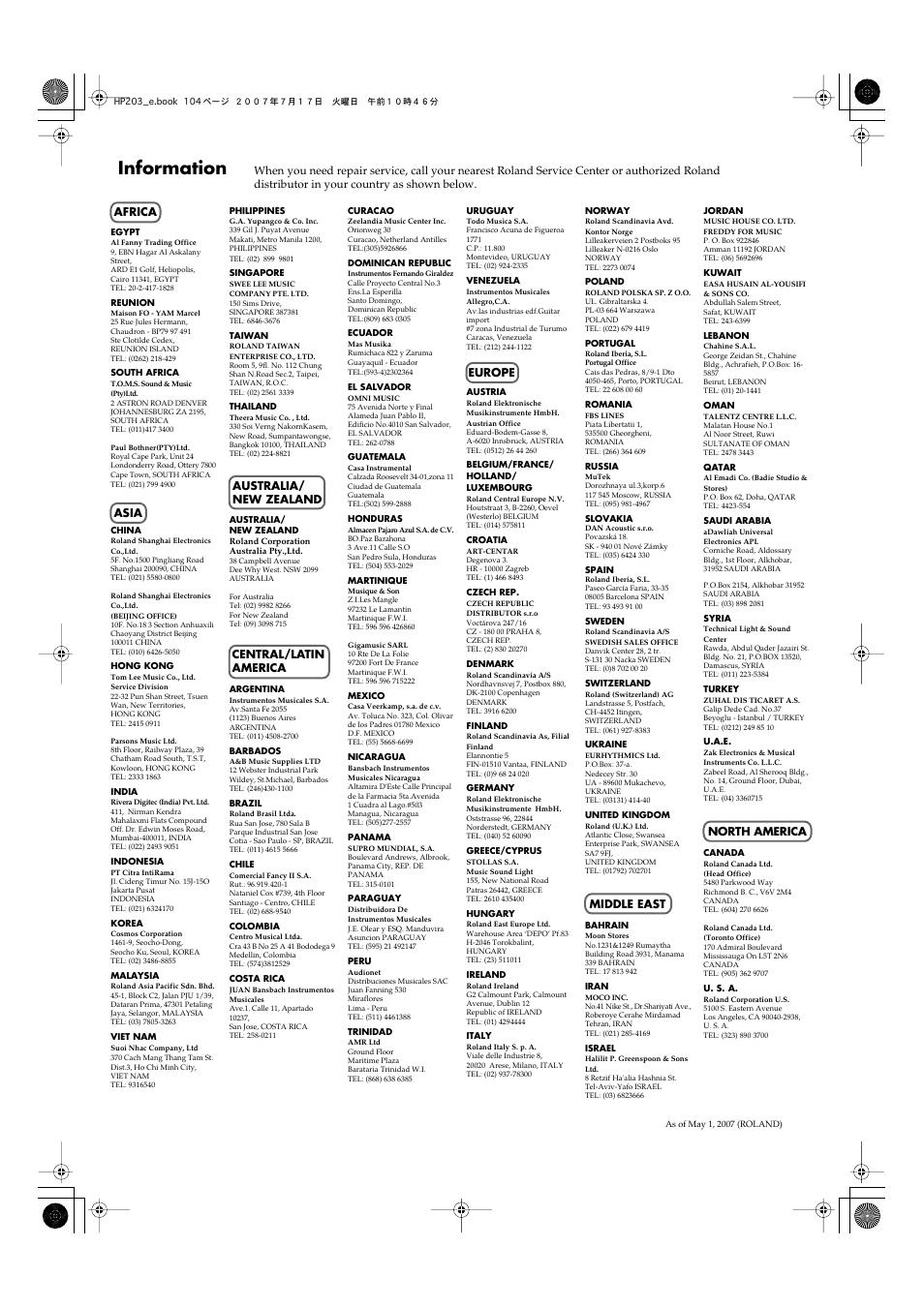 Information | Roland HP203 User Manual | Page 106 / 108