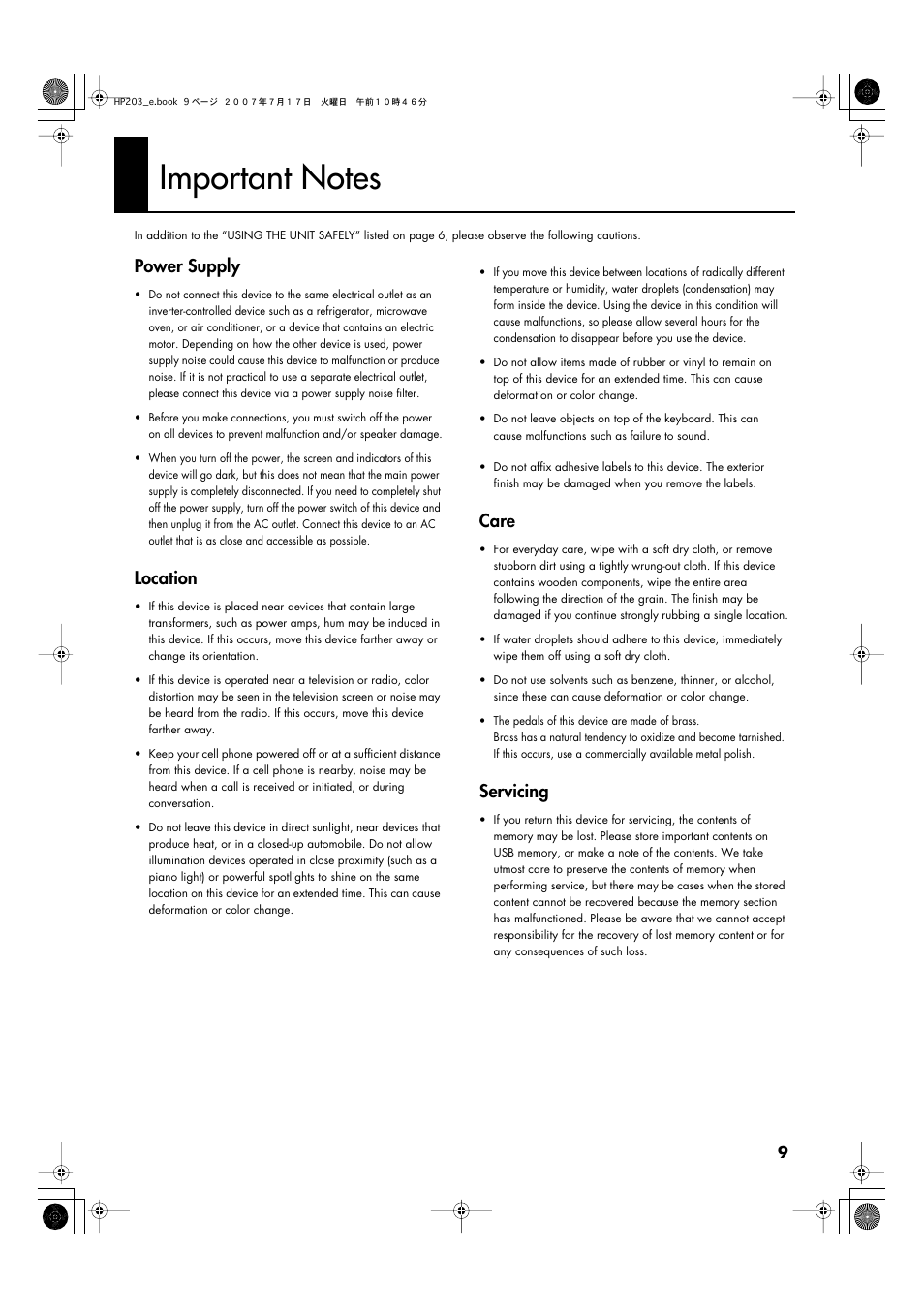 Important notes, Power supply, Location | Care, Servicing | Roland HP203 User Manual | Page 11 / 108