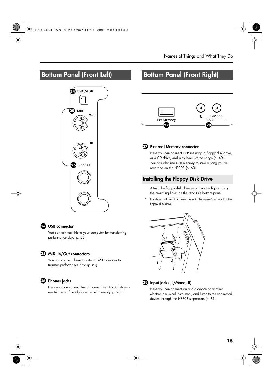 Bottom panel (front left), Bottom panel (front right), Installing the floppy disk drive | Roland HP203 User Manual | Page 17 / 108
