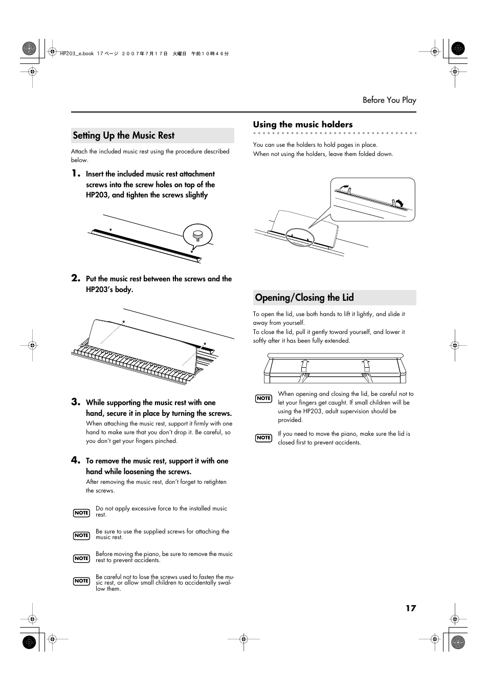 Setting up the music rest, Opening/closing the lid | Roland HP203 User Manual | Page 19 / 108