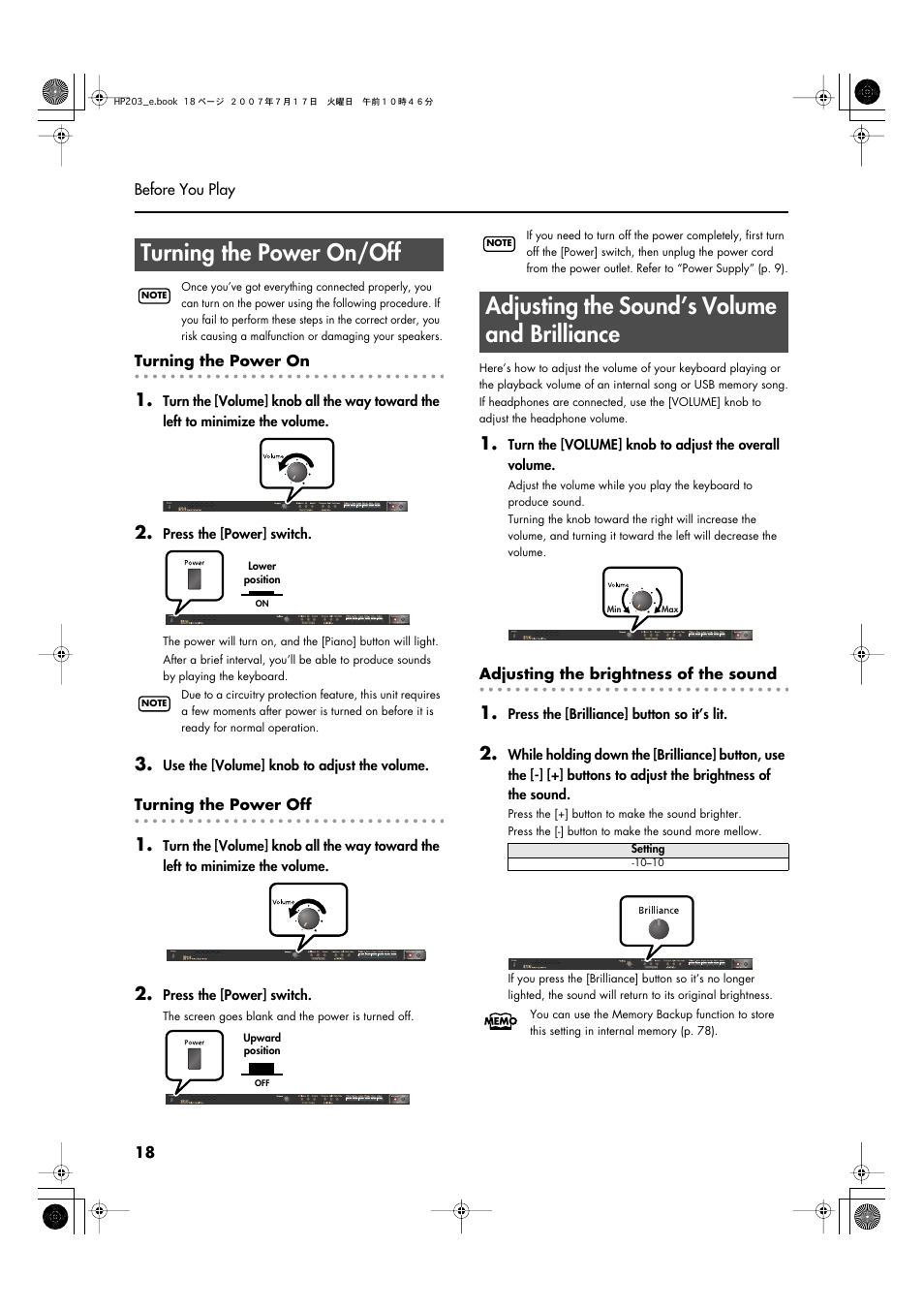 Turning the power on/off, Adjusting the sound’s volume and brilliance, Turns the power on/off (p. 18) | Adjusts the overall volume of the hp203 (p. 18), Adjusts the tone brightness (p. 18) | Roland HP203 User Manual | Page 20 / 108