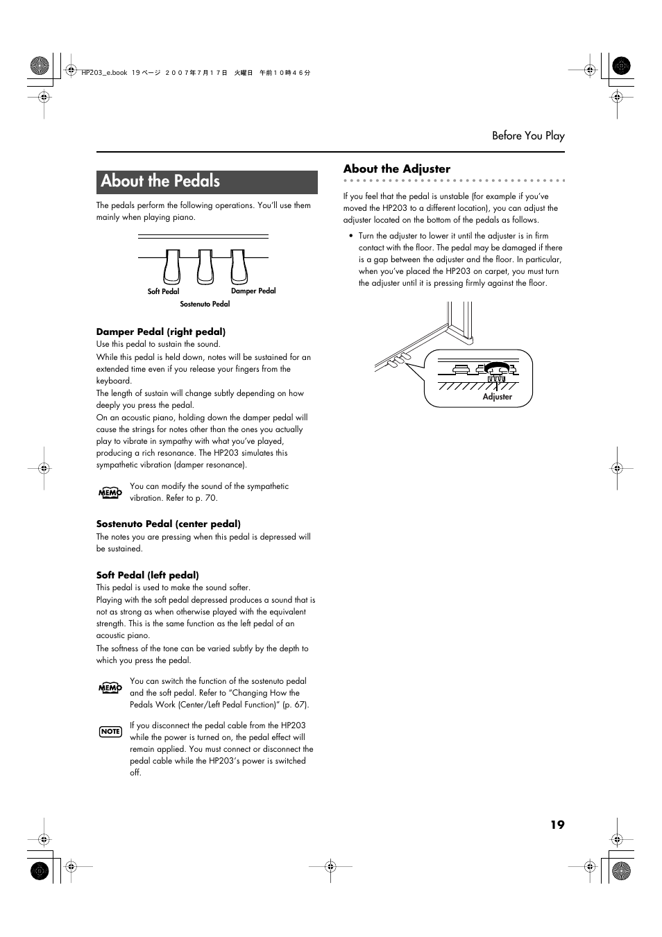 About the pedals | Roland HP203 User Manual | Page 21 / 108