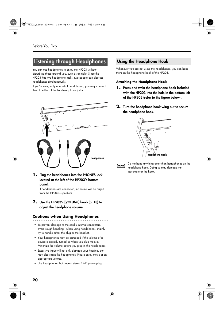 Listening through headphones, Using the headphone hook, Headphone volume (p. 20) | Use two sets of headphones simultaneously (p. 20) | Roland HP203 User Manual | Page 22 / 108