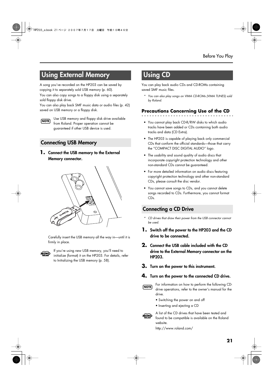 Using external memory, Connecting usb memory, Using cd | Connecting a cd drive | Roland HP203 User Manual | Page 23 / 108