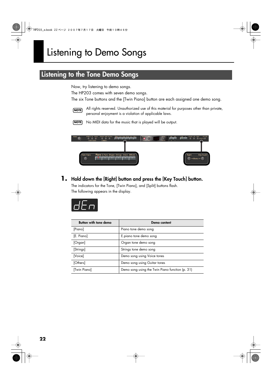 Listening to demo songs, Listening to the tone demo songs | Roland HP203 User Manual | Page 24 / 108