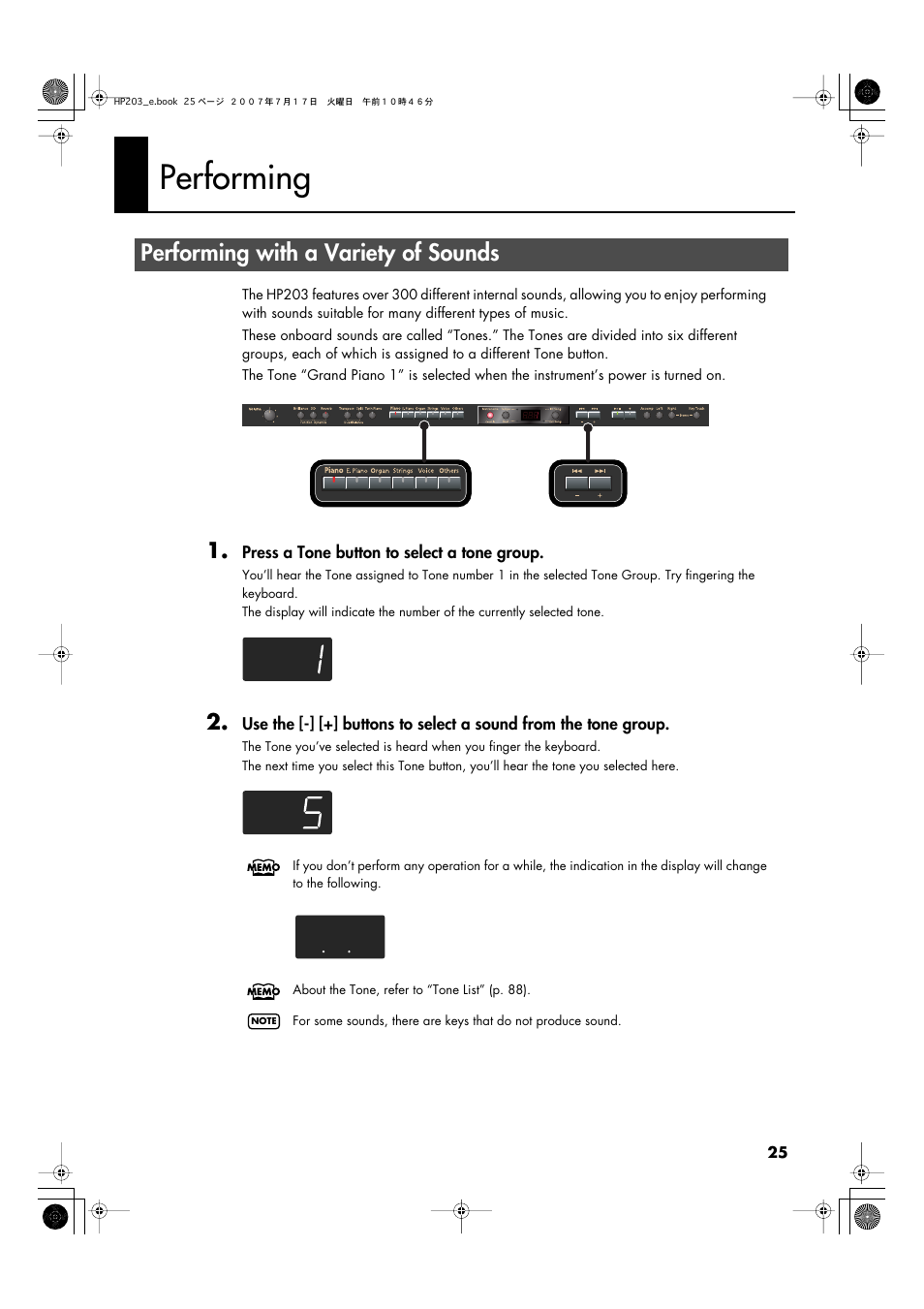 Performing, Performing with a variety of sounds, When you play the keyboard (p. 25) | Playing on the keyboard (p. 25) | Roland HP203 User Manual | Page 27 / 108