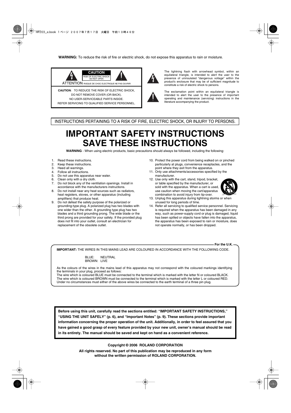 Important safety instructions | Roland HP203 User Manual | Page 3 / 108