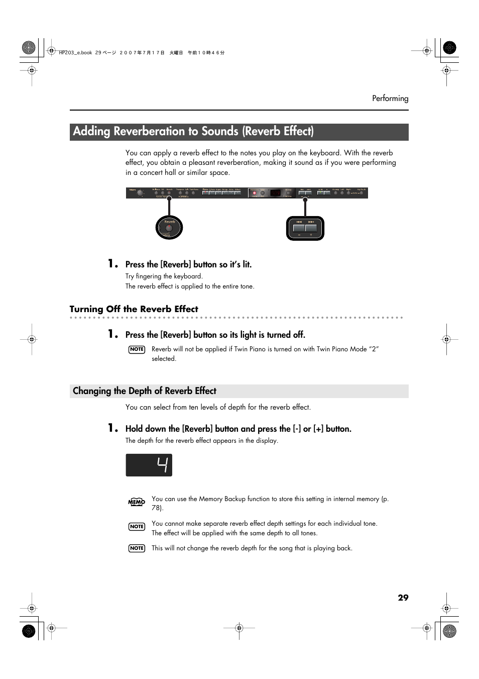 Adding reverberation to sounds (reverb effect), Changing the depth of reverb effect, When performing in a concert hall (p. 29) | Roland HP203 User Manual | Page 31 / 108