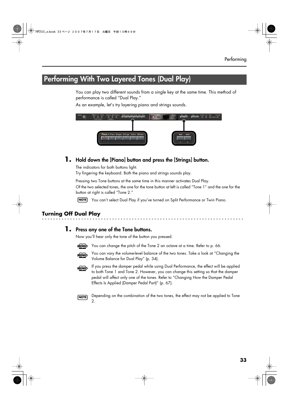 Performing with two layered tones (dual play) | Roland HP203 User Manual | Page 35 / 108